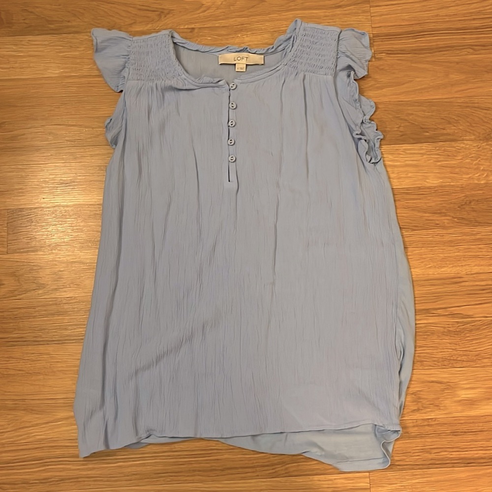 Loft light blue sleeveless ruffle blouse